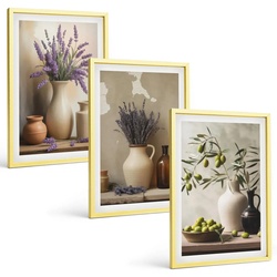 BILDER SET 3er Set - 40x60 cm Goldrahmen - Blumen in Vasen, Oliven, Dekorationen