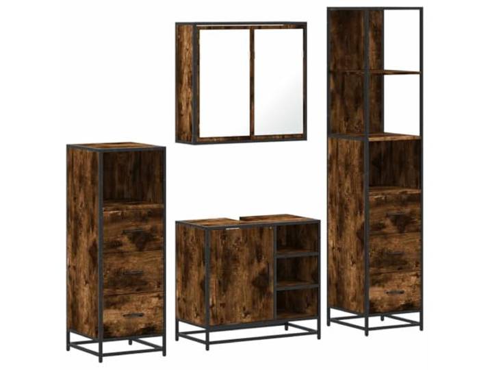 POUFGDR Badezimmermöbel-Set, 4-teilig, rauchfarbene Eiche, Holz Wand-WC-Schrank, Metallrahmen, Oberseite für Spüle, kompakte Aufbewahrung, Wandbefestigung inklusive