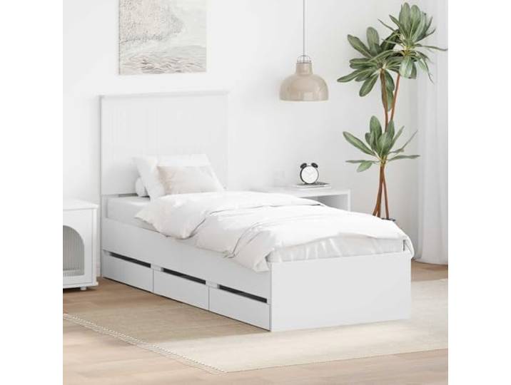 Holzwerkstoff Bettgestell mit Schubladen Schlafzimmer Stil 75 x 190 cm Weiß Bettrahmen mit Schubladen Weiß 75 x 190 cm Ingenieurs Holz Bettgestell mit Stauraum Lattenrost Freistehend