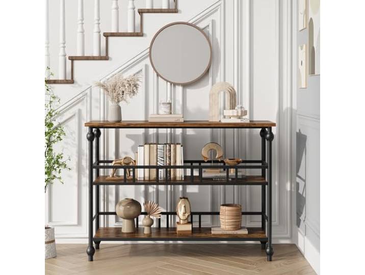 GarveeMore 110×30×H80 Konsolentisch – 3-stöckiger Sofa- & Beistelltisch mit Ablagen – Modern rustikale Optik, platzsparend für Wohnzimmer, Schmal Narrow Console Table Flur & Schlafzimmer, Braun