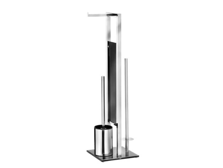 WENKO Combiné WC Rivalta 3 en 1 Brosse WC et Dérouleur Papier Toilette Stockage Papier Tête de Brosse remplaçable Acier INOX Brillant et Verre trempé Noir 18x70x23 cm INOX