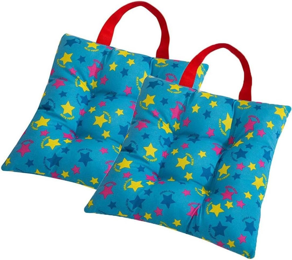 Set blauwe comfortabele kinderstoel kussens met riemen - 25 x 25 cm