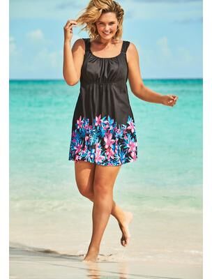 Plus Size Women's Smocked Swim Dress Set by Swim 365 in Black Tropical Floral (Size 14) Swimsuit