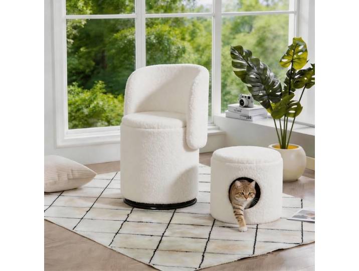 WUVRIE Fauteuil pivotant 360° avec rangement intégré revêtement teddy blanc pouf chat offert