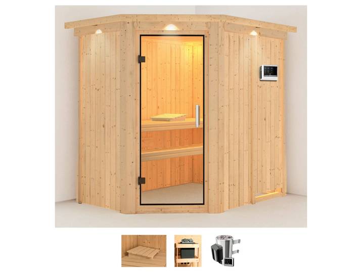 Sauna KARIBU Swantje , beige (naturbelassen), Saunaofen, externe Steuerung, 3,6 kW, Saunen, Sauna, Ofen 3,6 kW externe Strg.easy