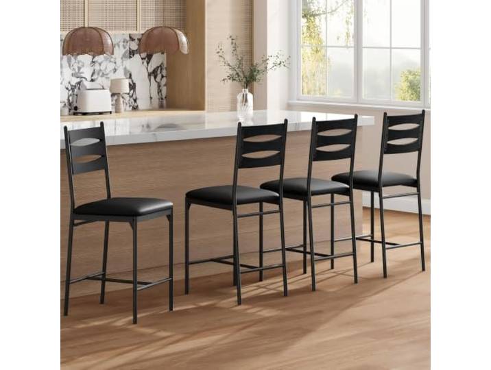 IDEALHOUSE Barhocker-Set Thekenhöhe mit Rückenlehne & Fußstütze - dick gepolsterter Sitz, pflegeleichter Kunstlederbezug - für Kücheninsel/Bar/Esszimmer - Schwarz Holzoptik, 4er Set