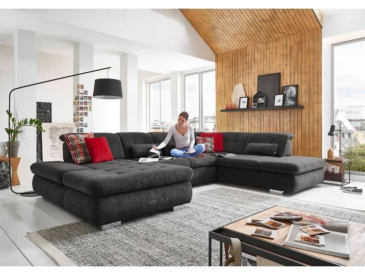 Ecksofa, 382x124 cm, Polyester, Schwarz, Bettfunktion & Sitzverstellung, Modern