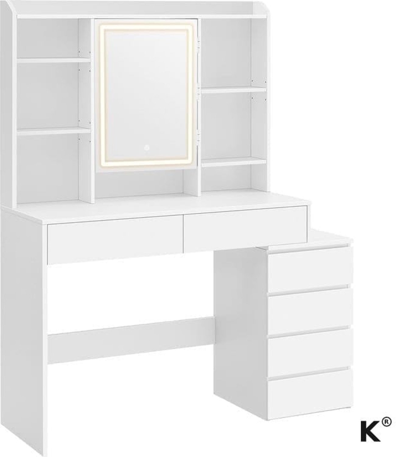 Klarven Kaptafel Wolkenwit met Spiegel, LED-verlichting, 2 Lades en 7 Open Vakken