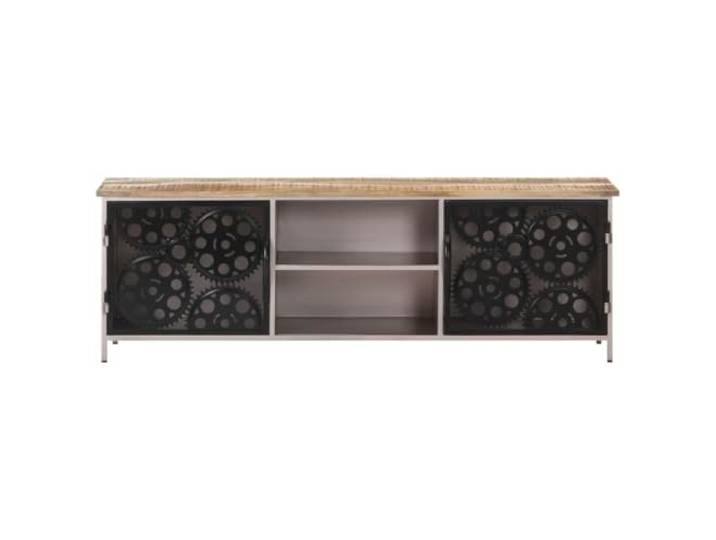 GKHPYURE TV-Schrank 120 x 30 x 40 cm aus unbehandeltem Mangoholz und Eisen 2 Türen, 2 Fächer, echte Fahrradketten, Finish und silberfarbenes Eisen, Montage nicht erforderlich