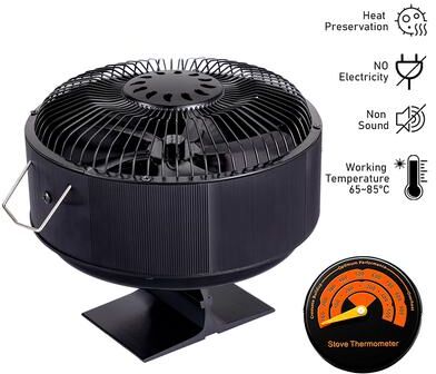 Youfap Market Log Wood Fireplace Fan Burner Quiet, 5 Blades Stove Fan Heat Powered Free Standing Home Warmer with Thermometer