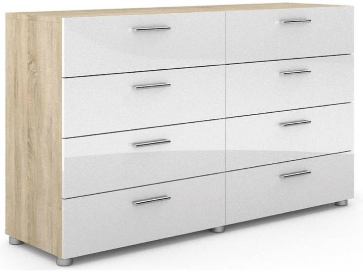 Petra Kommode 8 Schubladen Eiche Struktur Nachbildung und weiss Hochglanz.