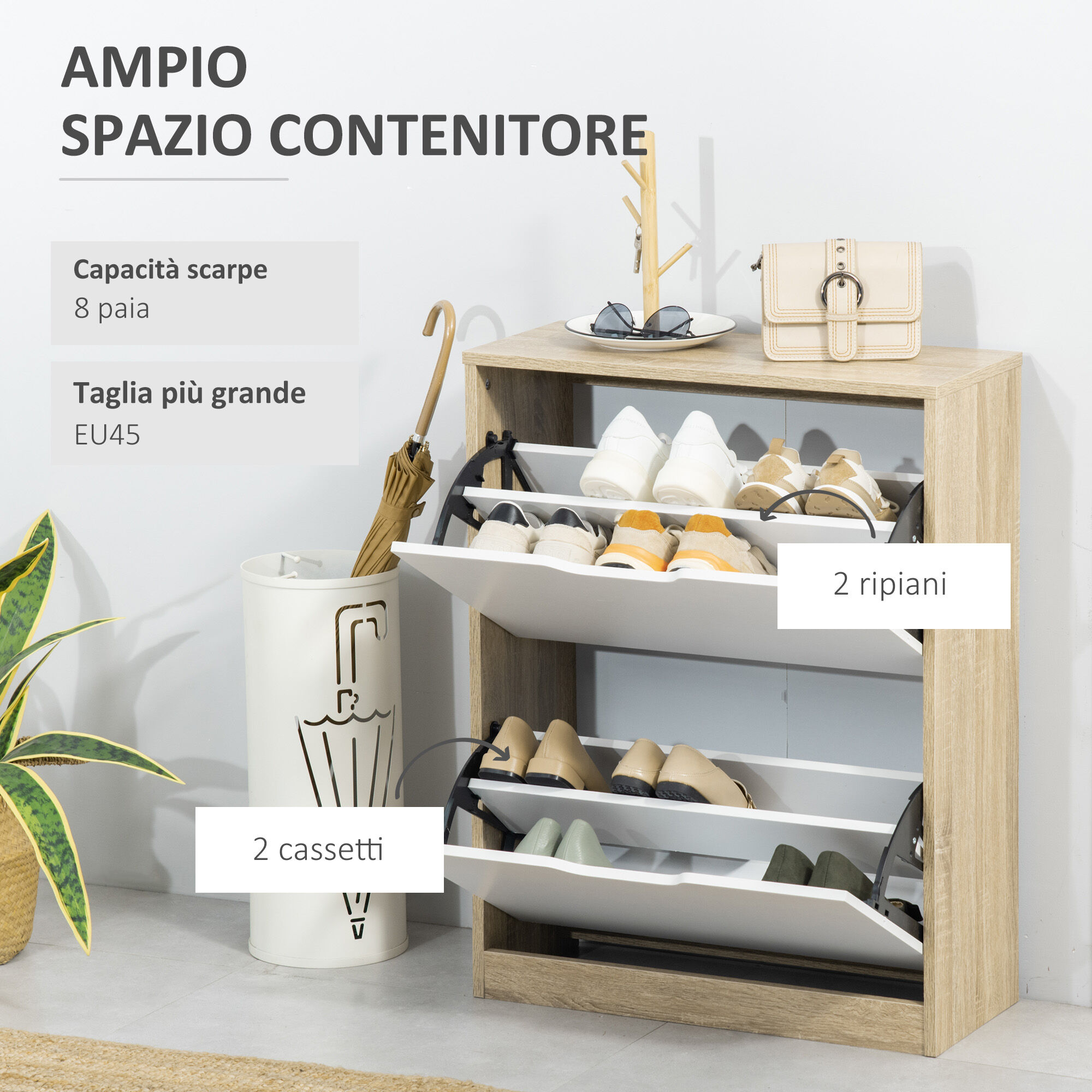 Altro Scarpiera Salvaspazio Slim A 2 Cassetti Per 8 Paia Di Scarpe 62.5x26x81 Cm, Legno E Bianco