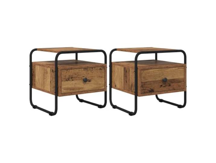 LMTYOENFG Nachttisch 2er Set Beistelltisch 40x39,5x40 cm Altholz Moderne Nachtkonsole fürs Schlafzimmer mit Schublade, Zwischenablage und Stahlgestell für griffbereite Alltagsdinge.