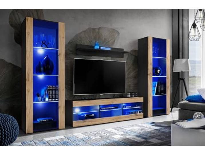 Komodee Wohnwand TV Tivoli Grande A1 Wotan/Schwarz 250x159x35 cm Wohnwand Tivoli Grande, Wotan/Schwarz, Breite 250cm x Höhe 159cm x Tiefe 35cm, LED Blau , für Wohnzimmer