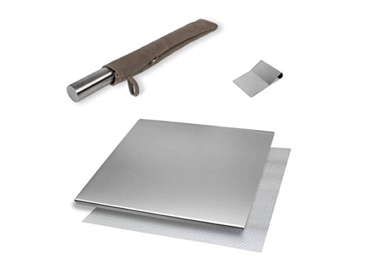 INOXLM BOX 3 STÜCK Schneidebrett Edelstahl + Teigschaber + Nudelholz edelstahl, Edelstahl Arbeitsplatte verschiedene Größen für Küche Bar Restaurant knetbrett Made in Italy (40x50, Taupe)