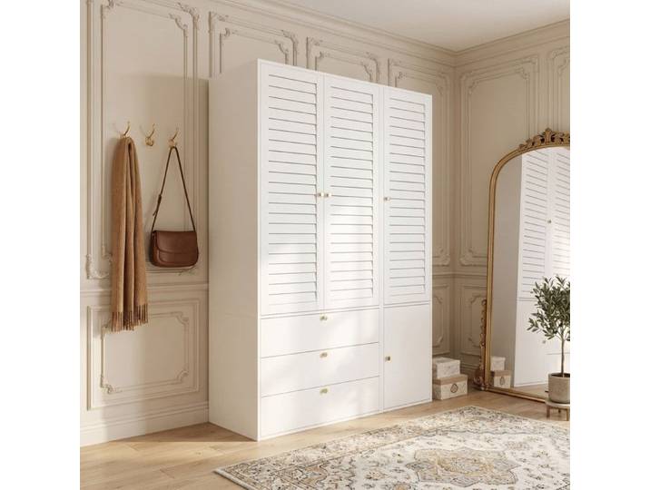 Armoire Chambre 3 Porte avec 3 Tiroirs Armoire de Rangement avec Portes à Persienne Armoire 3 Portes avec 2 Penderie Blanc