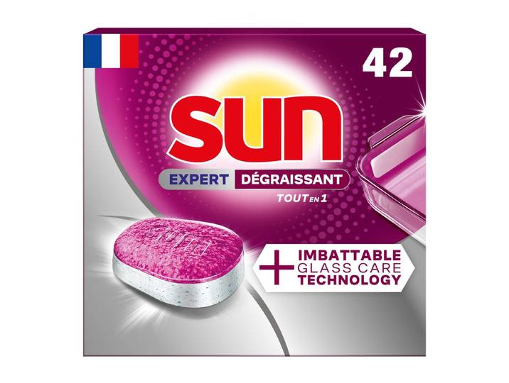 SUN Expert Tablettes lave-vaisselle Tout en 1 dégraissantes technologie Glasscare 42 tablettes (42 lavages)