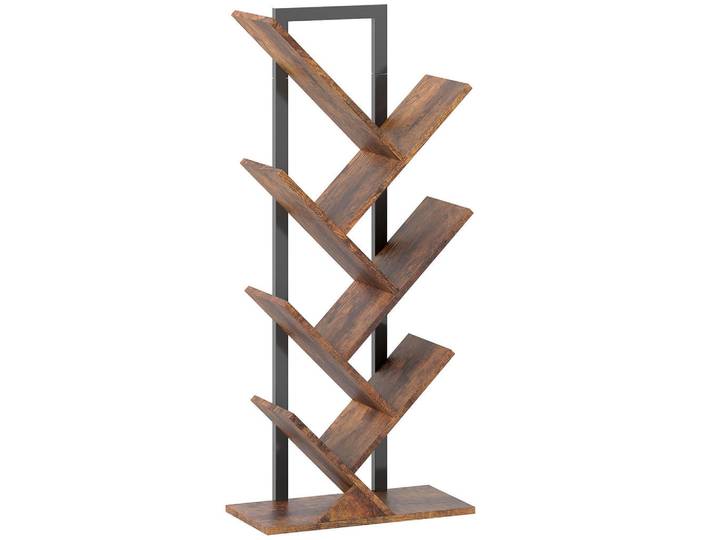 Homcom Bücherregal Standregal mit 7 Ebenen Schmal Regal im Baumform Rustikal Braun, Rostfarben, Metall, Nachbildung, 24x109x50 cm, Wohnzimmer, Regal, Bücherregale