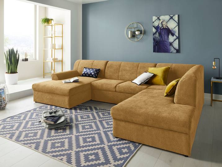 Wohnlandschaft, Senf, 320x213 cm, Chenille-Optik, U-Form & Bettfunktion, Klassisch, Domo-Collection