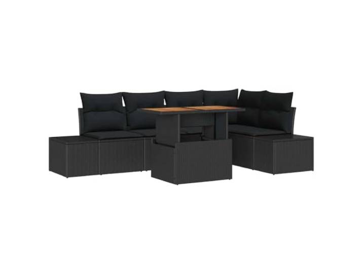 Gartensofas Set aus Polyrattan 6er Schwarz mit Akazientisch Modulares Design, verstellbare Tischplatte, Akazienholz, UV-beständig, einfache Wartung