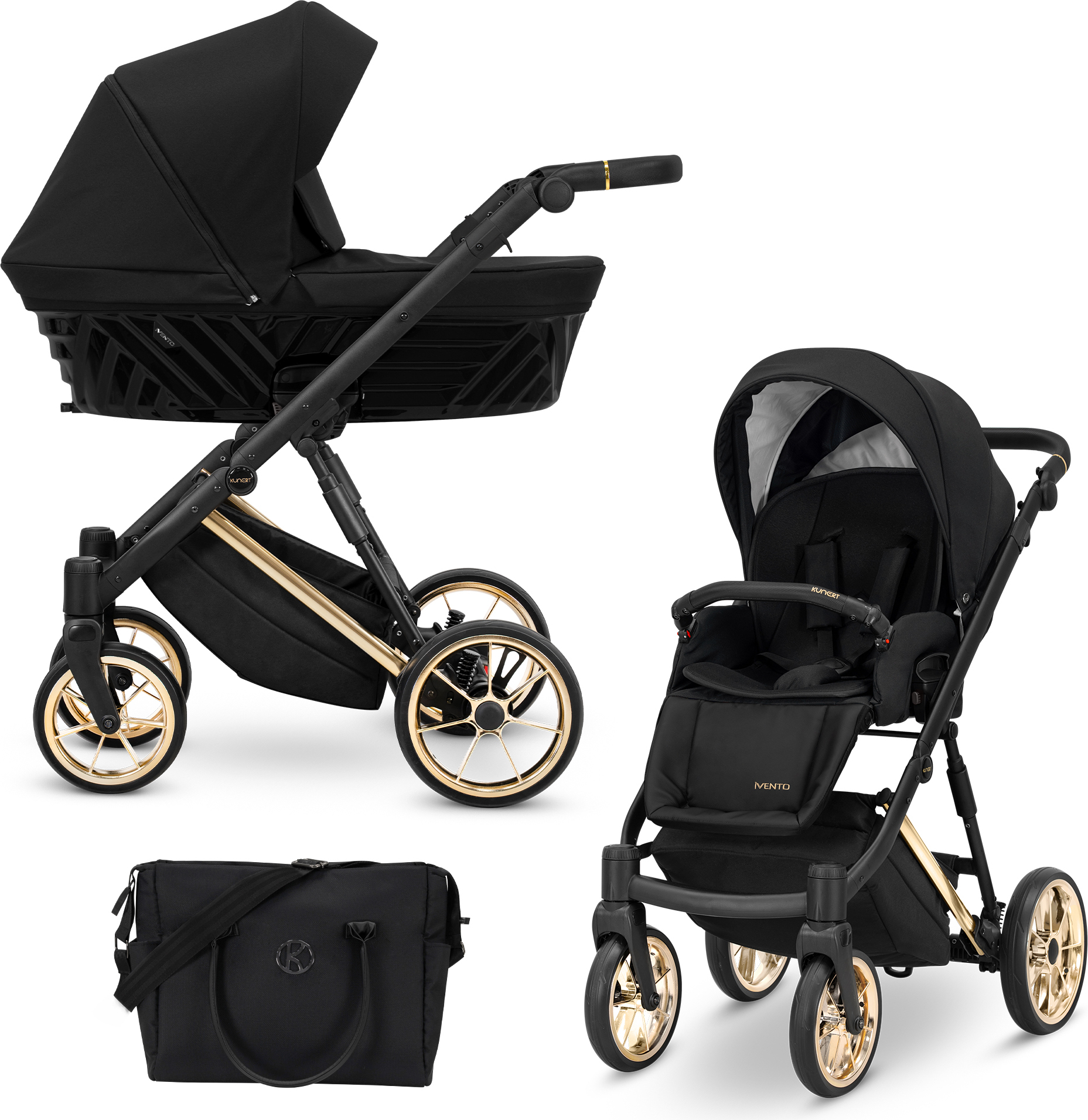 Kinderwagen IVENTO Sportwagen Babywagen Babyschale Komplettset Kinder Wagen Set 2 in 1 (Deep Black, Rahmenfarbe: Gold)