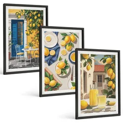 BILDER SET 3er Set - 40x60 cm Schwarzer Rahmen - Zitronengarten mit Getränken