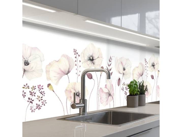 Crédence Décorative de Cuisine - Décoration Murale - Motif Fleurs - Pastel - Plantes - Blanc 300x80 cm - KitchenYeah