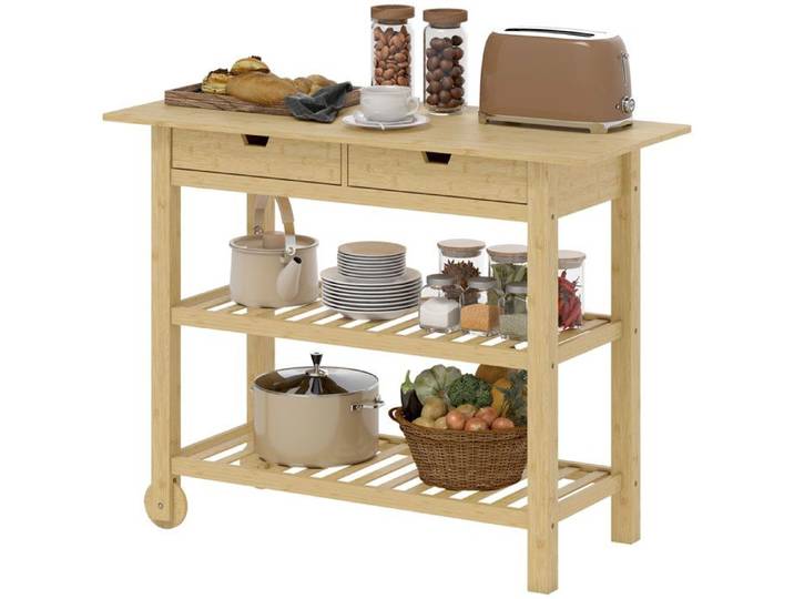 LIA Desserte cuisine roulettes bambou 2 tiroirs 2 étagères 100x43x75 cm naturel