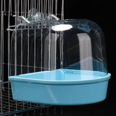 On Spot Shop Transparent Bird Bath Box For Cage, Hanging Parrot Bathtub For Budgies, Canaries, Cockatiels, And Lovebirds, Easy Clean blue