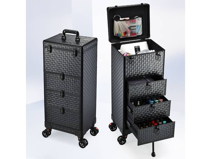 Trolley de maquillage professionnel sur roulettes avec 3 grands tiroirs, valise de maquillage, mallette de cosmétologie sur roulettes, station de salon, chariot de rangement pour outils de coiffure et