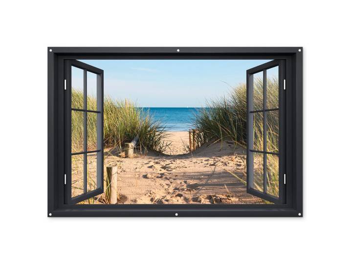 OnlyWow Gartenposter Durchblick - Strand - Meer - Sand - Wasser - Strandhafer - Dünen Poster für draußen 180x120 cm, Sandfarben, Kunststoff, Rechteckig, 180x120x0.2 cm, Bilder & Rahmen, Bilder, Sonstige Wandbilder