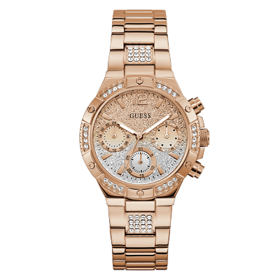 Multifunktionsuhr GUESS "HARLOW", gold (roségoldfarben, silberfarben, roségoldfarben), Armbanduhren, Damen, roségoldfarben, Quarzuhr, Armbanduhr, Damenuhr, Edelstahlarmband, Datum