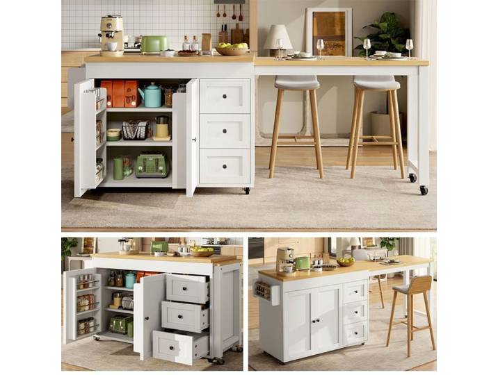 Îlot de cuisine - WESTYLE - Buffet 179-69 cm - Plateau extensible - 3 tiroirs - Roulettes avec freins
