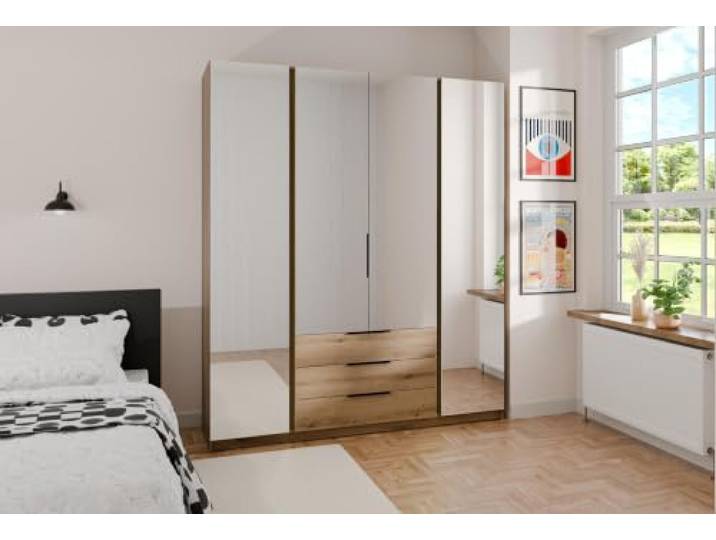 AX Living Nehir Schrank 200 cm Eiche Evoke, 4 Spiegeltüren + 3S 4 Spiegeltüren; 3 Schubladen – mehr Ordnung im Alltag.
