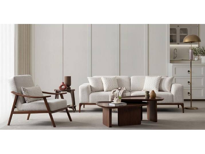 Xlmoebel Polstergarnitur Beiges Designer-Sofa Set aus Holz im modernen Lounge-Stil, (Polstergarnitur, 3-tlg., 3-tlg. Sofa-Set), Made in Europa