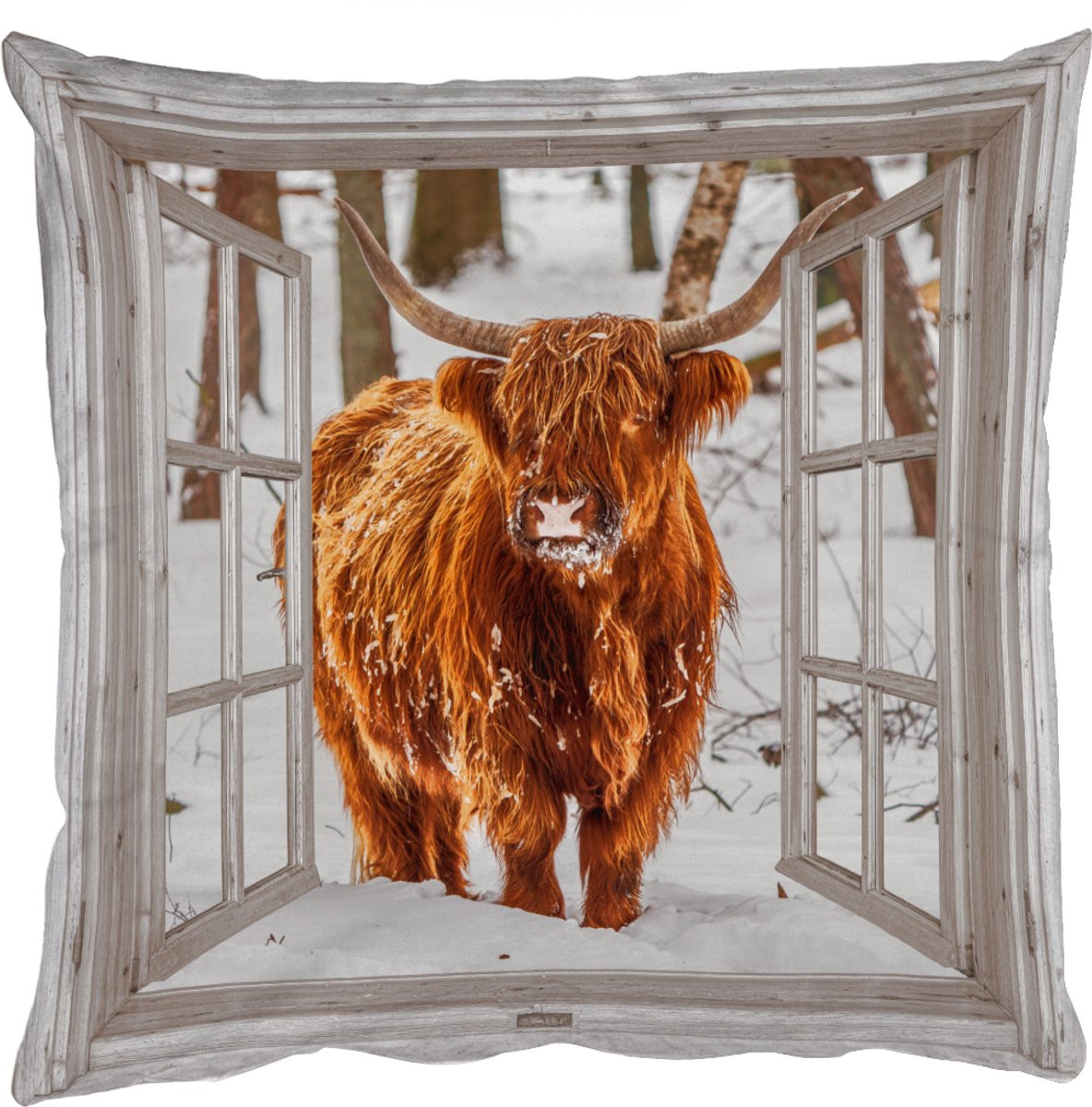 PillowMonkey Sierkussen Schotse Hooglander Sneeuw Natuur 45x45 cm