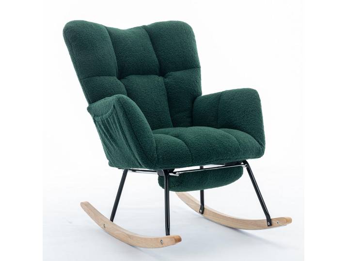 Wishdor Schaukelstuhl Stoff Grün mit Klappbarer Fußablage, Holz, Rechteckig, 70x98.5x123 cm, Wohnzimmer, Sessel, Schaukelstühle