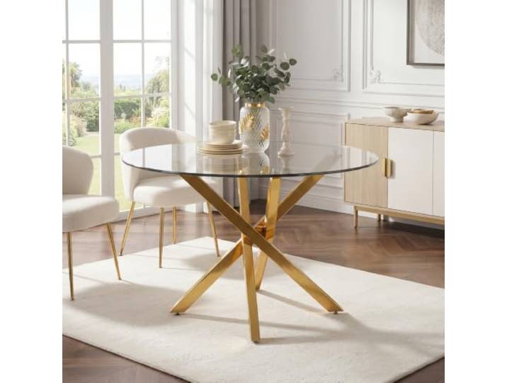 XINGNING Runder Esstisch mit Glasplatte Modernes Design Gehärtetes Glas und Galvanisierte Tischbeine für Esszimmer Küche und Wohnzimmer (Gold + Glass)