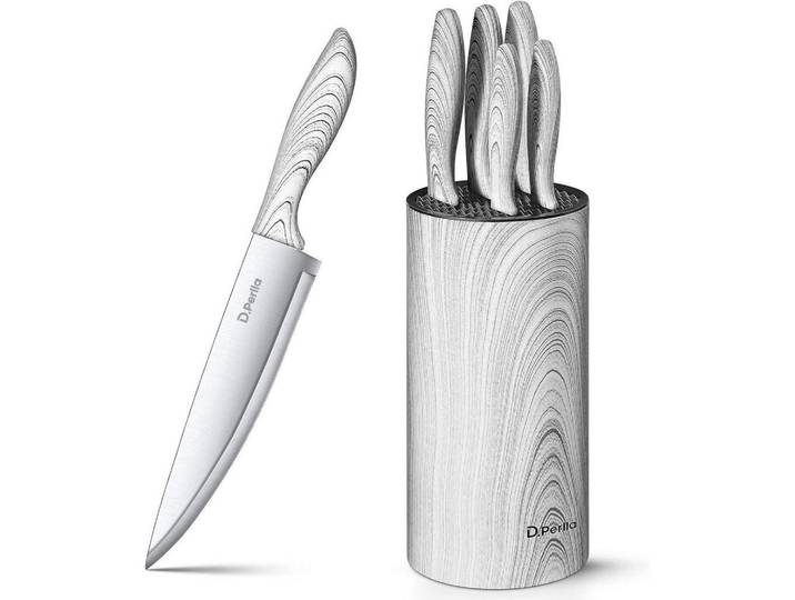 Küchenmesser-Set 6-teilig Edelstahl mit Messerblock abnehmbar weiß, Silberfarben, Metall, Kochgeschirr, Küchenmesser, Messersets