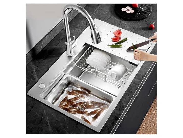 Silberne Große Küchenspüle, Robuste Küchen-Barspüle, Mit Komplettem Abflussset, Einzelbecken Aus Edelstahl 304, Einbauspüle Für Den Arbeitsplatz, Unterbauspüle(B,60x50x22cm)