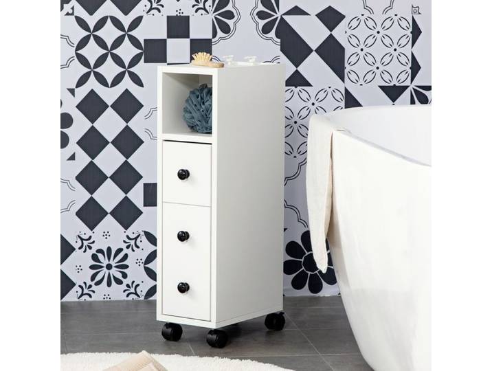 Meuble WC colonne 3 niveaux avec sortie papier et 4 roulettes dont 2 freins 18 x 30 x 68 cm blanc