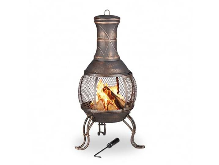 Relaxdays brasero Mexicain\, tisonnier\, Gril en Bois\, Pare-étincelles\, Jardin\, terrasse\, cheminée Antique\, H 89cm\, Bronze