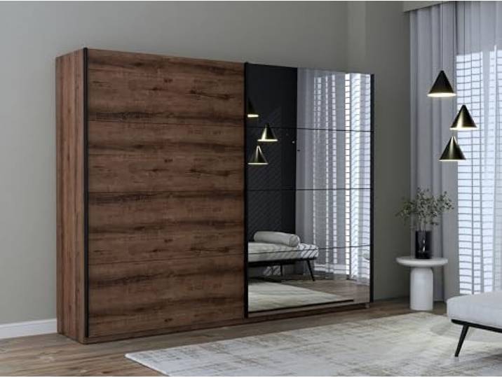 möbelando Kleiderschrank >Jacky< in Script-Schlammeiche/Spiegel B/H/T ca.269,9x209,7x61,2cm