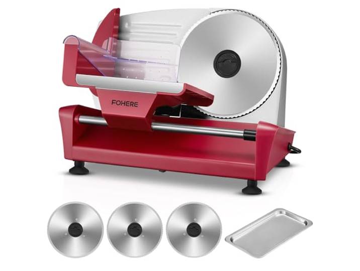 250 Watt Allesschneider Elektrischer Edelstahl - Brotschneidemaschine 3 Klingen - Verstellbare Küchenmaschine 0 bis 15mm - Wurstschneidemaschine, Schinkenschneider für Fleisch, Käse usw, Rot