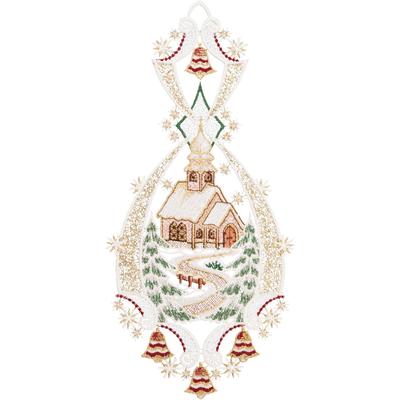 Fensterbild "Landschaft Kirche" Gr. 1, bunt (braun, goldfarben, rot), B:17cm H:36cm, Polyester, W. REUTER & SOHN - PLAUENER SPITZE, Fensterbilder, Made in Germany
