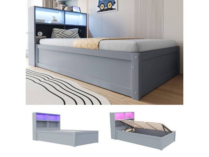 Lit simple coffre - Lit une place - Gris - Éclairage LED - Prise multifonction - Rangement intégré