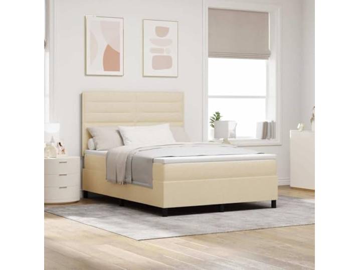 Boxspringbett mit Matratze creme 160 x 200 cm Stoff Kopfteil in zwei Höhen verstellbar, feste Latten aus Holz oder Metall, Füße aus schwarzem Kunststoff