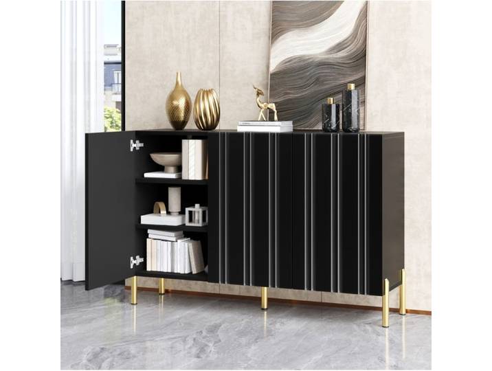 Modenuit Buffet bas 3 portes noir rainures verticales pieds métal doré étagères réglables