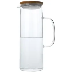 Intirilife Karaffe mit Bambusdeckel in KLAR - 1,1l Krug aus Borosilikatglas mit Henkel Holz Deckel für heiße und kalte Getränke, Tee, Kaffee, Wasser