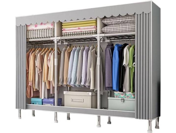 Kleiderschrank Tragbarer Kleiderschrank Aus Segeltuch, Stoffschrank, Faltbarer Kleiderschrank-Aufbewahrungsorganisator Mit Kleiderstange, für Schlafzimmer, Wohnzimmer, 168x46x173cm